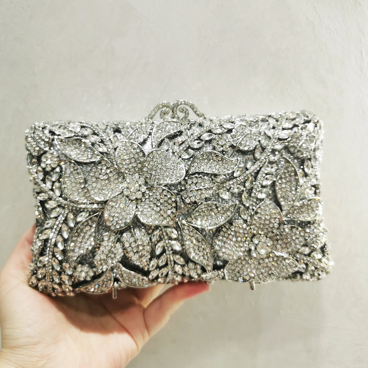 Woman Silver Gold Diamond Evening Bag Flower Crystal Birthday Party Handbag Wedding Bridal Gala Floral Purse