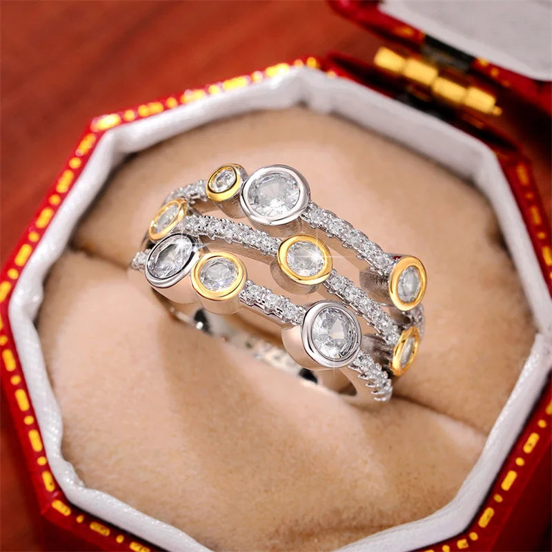 Personality Two Tone Three Line Rings Women Full Paved CZ Sparkling Female Wedding Bands Rings Modern Fashion New Jewelry