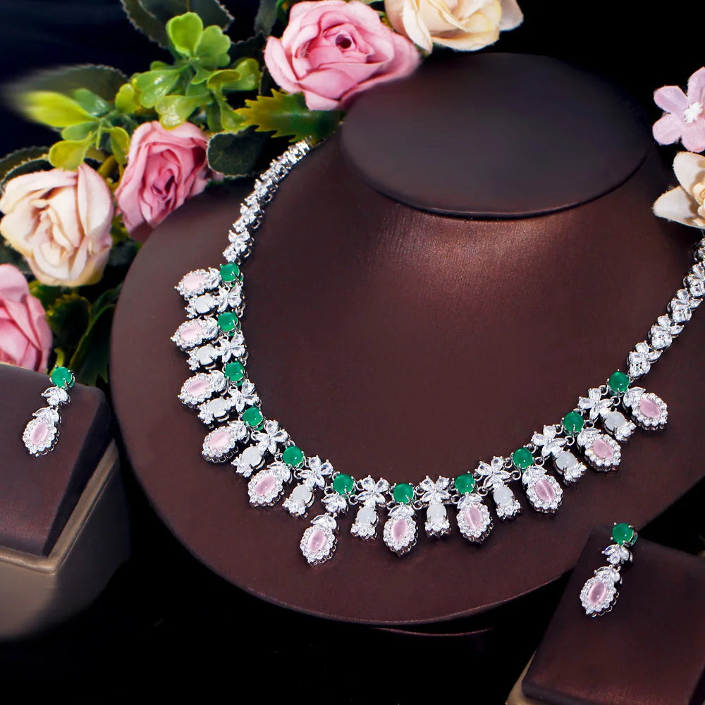 Pink Opal and Cubic Zirconia Setting Flower Bridal Necklace Earring Jewelry Sets for Wedding Accessories - EUFASHIONBAGS