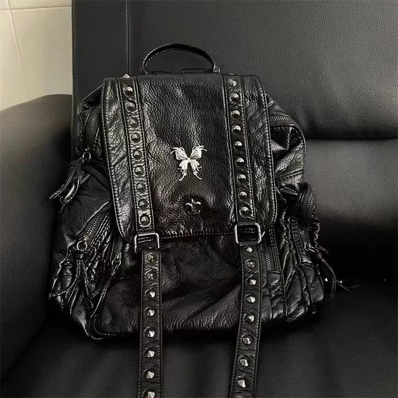 Vintage Cross Y2k Backpack Women Retro Gothic Pu Leather Casual Black Backpacks Large Capacity Mochila - EUFASHIONBAGS