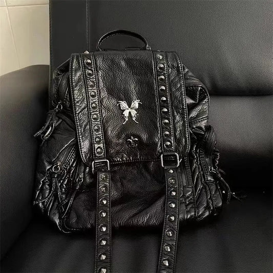 Vintage Cross Y2k Backpack Women Retro Gothic Pu Leather Casual Black Backpacks Large Capacity Mochila - EUFASHIONBAGS