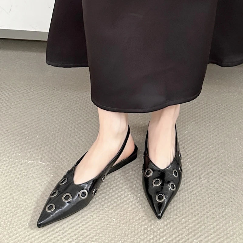 Metal Decoration Design Flat Mules Sandals Women Fashion Pointed Toe Dress Shoes Shallow Comfort Slingbacks Footwear Ladies