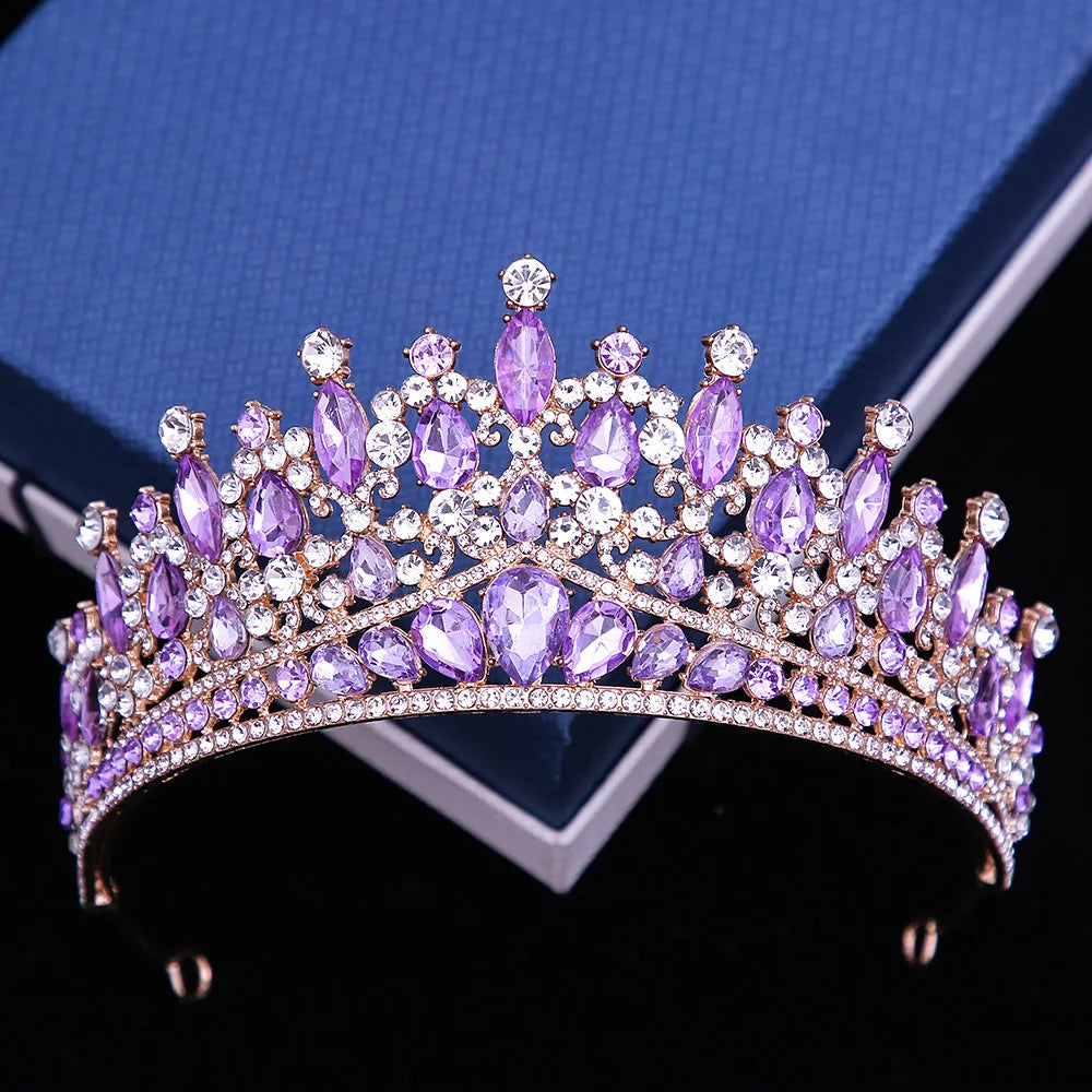 Luxury Pink Crystal Wedding Crown Royal Queen Tiaras Headband AB Color Rhinestone Bridal Headdress Bride Diadem Hair Accessories - EUFASHIONBAGS