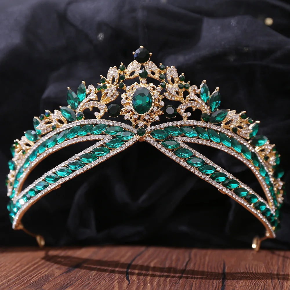 Luxury Green Color Crystal Wedding Crown Bridal Hair Accessories Women Baroque Crown Rhinestones Tiaras Bride Queen Party Crowns - EUFASHIONBAGS