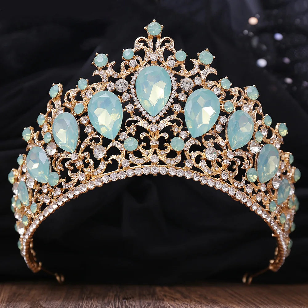 New Luxury Gold Color Green Opal Crystal Flower Water Drop Tiaras Crown Women Wedding Party Diadem Bridal Crown Hair Accessories - EUFASHIONBAGS