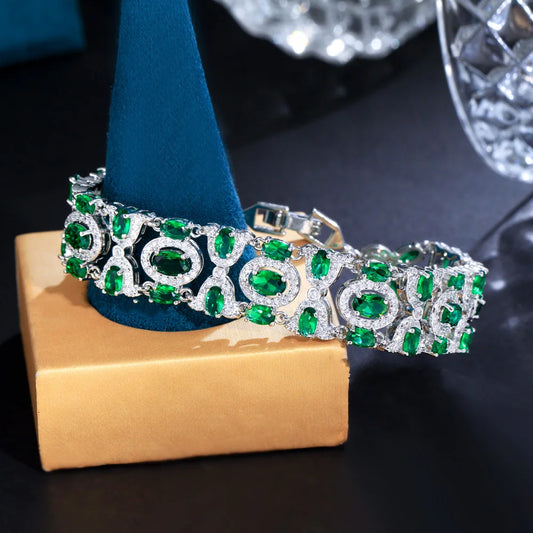 Bling Green Cubic Zirconia Chain Link Party Bracelets for Women Vintage Ethnic Wedding Bridal Jewelry - EUFASHIONBAGS