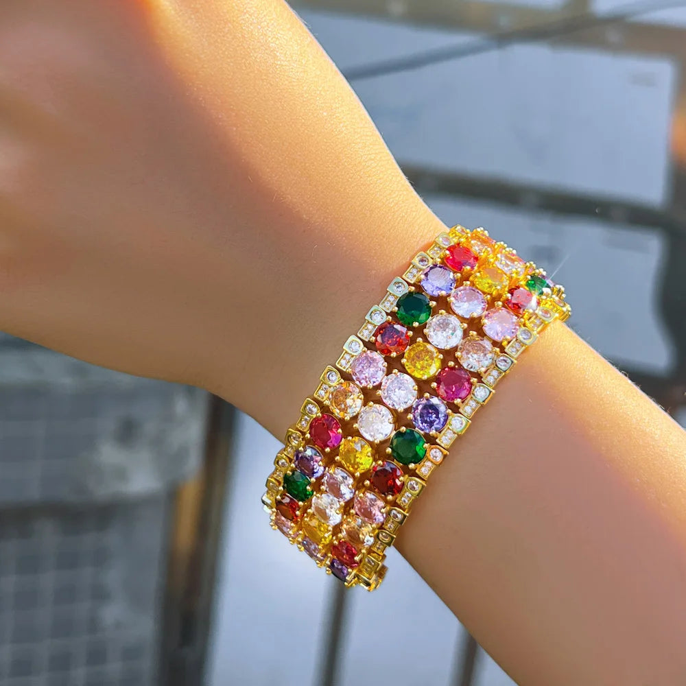 Heavy CZ Stone Work Multicolor Round Cubic Zircon Big Luxury Wedding Bracelet Bangle Dubai Gold Plated Jewelry - EUFASHIONBAGS