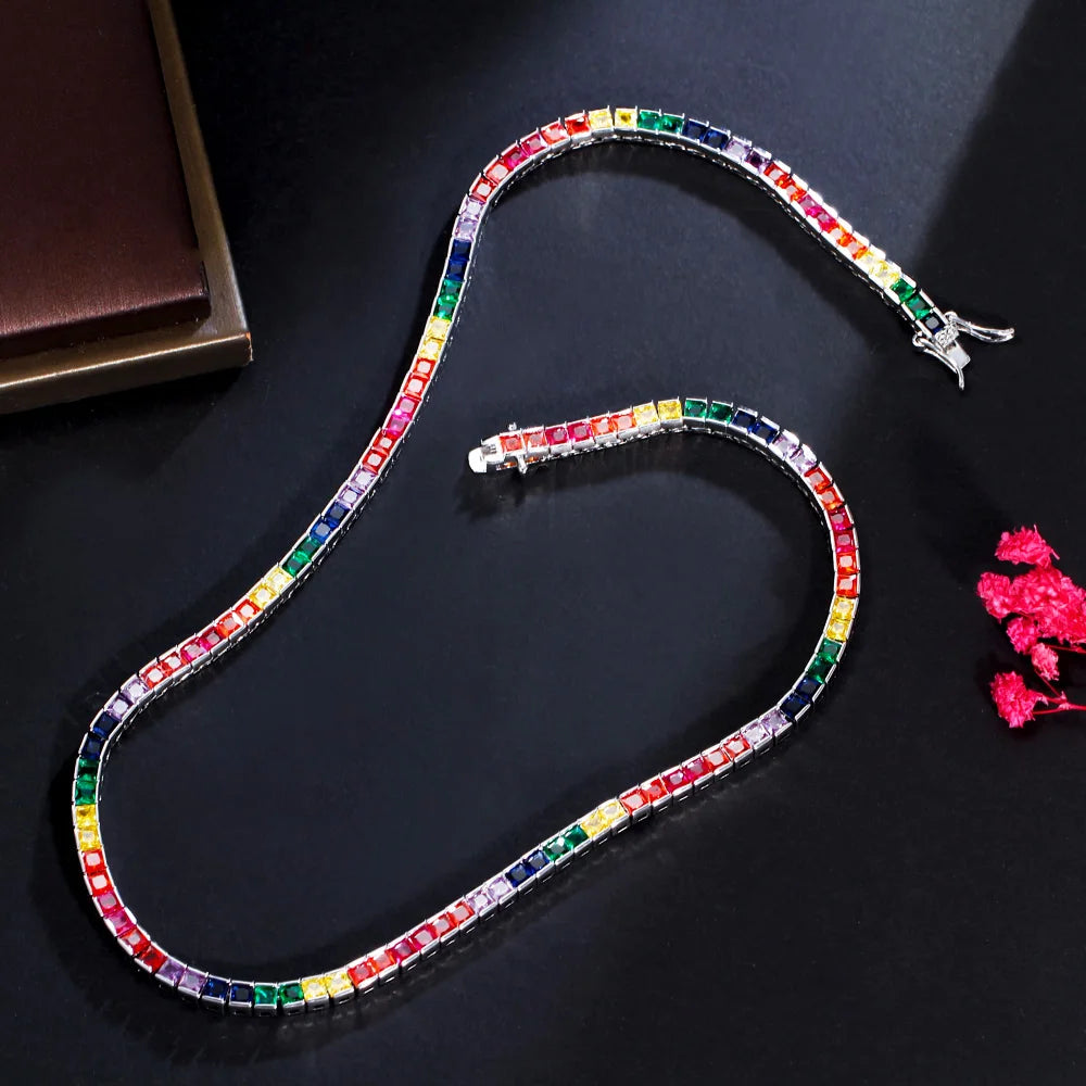 Bling Colorful Rainbow Square Cubic Zirconia Chain Link CZ Necklace and Bracelet Boho Jewelry Sets for Women - EUFASHIONBAGS