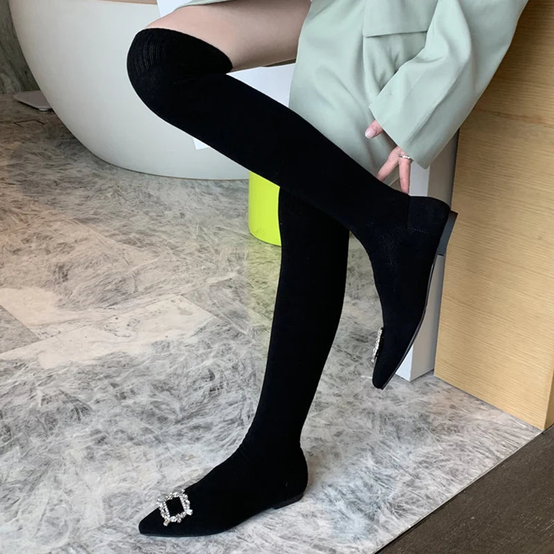 New Design Crystal Buckle Women Slim Leg Thigh High Sock Boots Casual Flat Heels Black Stretch Fabric Over The Knee Shoes