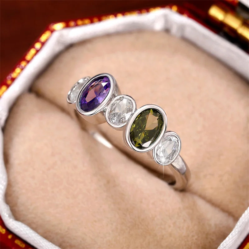 Vintage Rings for Women Inlaid Olive/Purple/White CZ Simple Stylish Lady's Finger Ring Party Anniversary Jewelry