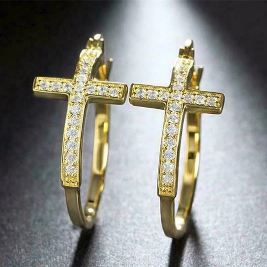 Trendy Cross Shape Hoop Earrings Lady Gold Color Shiny Zirconia Jewelry for Daily Life Fashion Female Daily Accessories