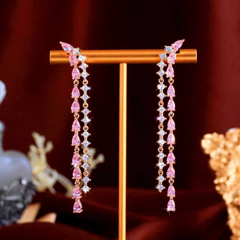 Extra Long Dangling Drop Pink Cubic Zirconia Tassel Ear Line Earrings for Women Daily Party Engagement Jewelry - EUFASHIONBAGS