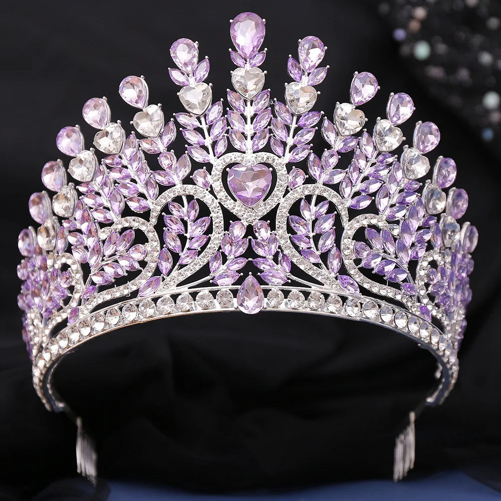 Luxury High Royal Queen AB Color Wedding Crowns Comb Women Purple Crystal Banquet Tiaras Party Costume Hair Jewelry Accessories - EUFASHIONBAGS