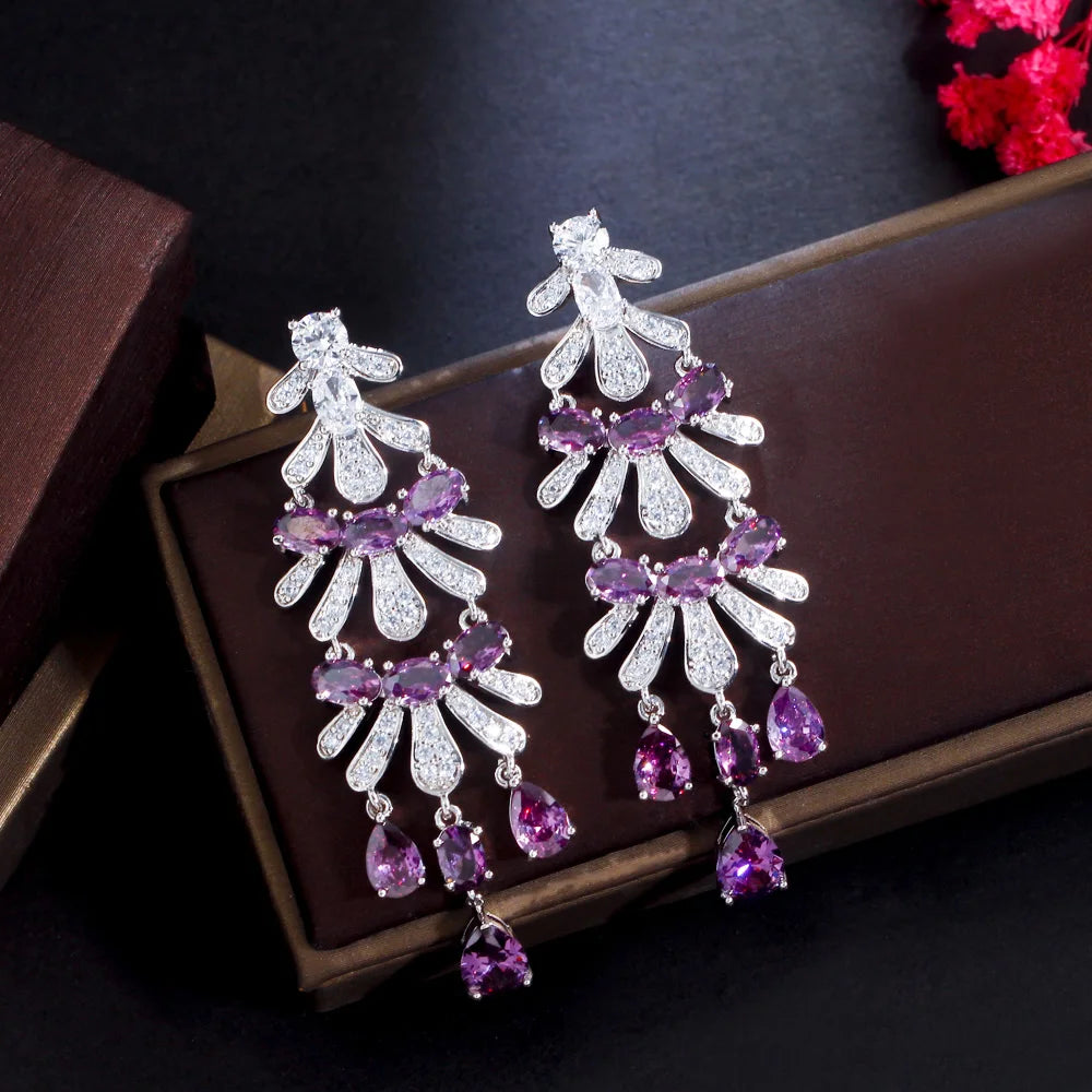 Royal Purple Cubic Zircon Stone Long Dangle Drop Women Engagement Wedding Party Chandelier Earrings for Brides - EUFASHIONBAGS