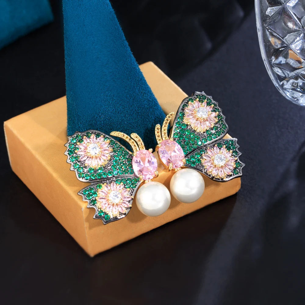 Glamorous Pink Green Cubic Zirconia Asymmetrical Butterfly Drop Pearl Earrings for Women Unique Party Jewelry - EUFASHIONBAGS