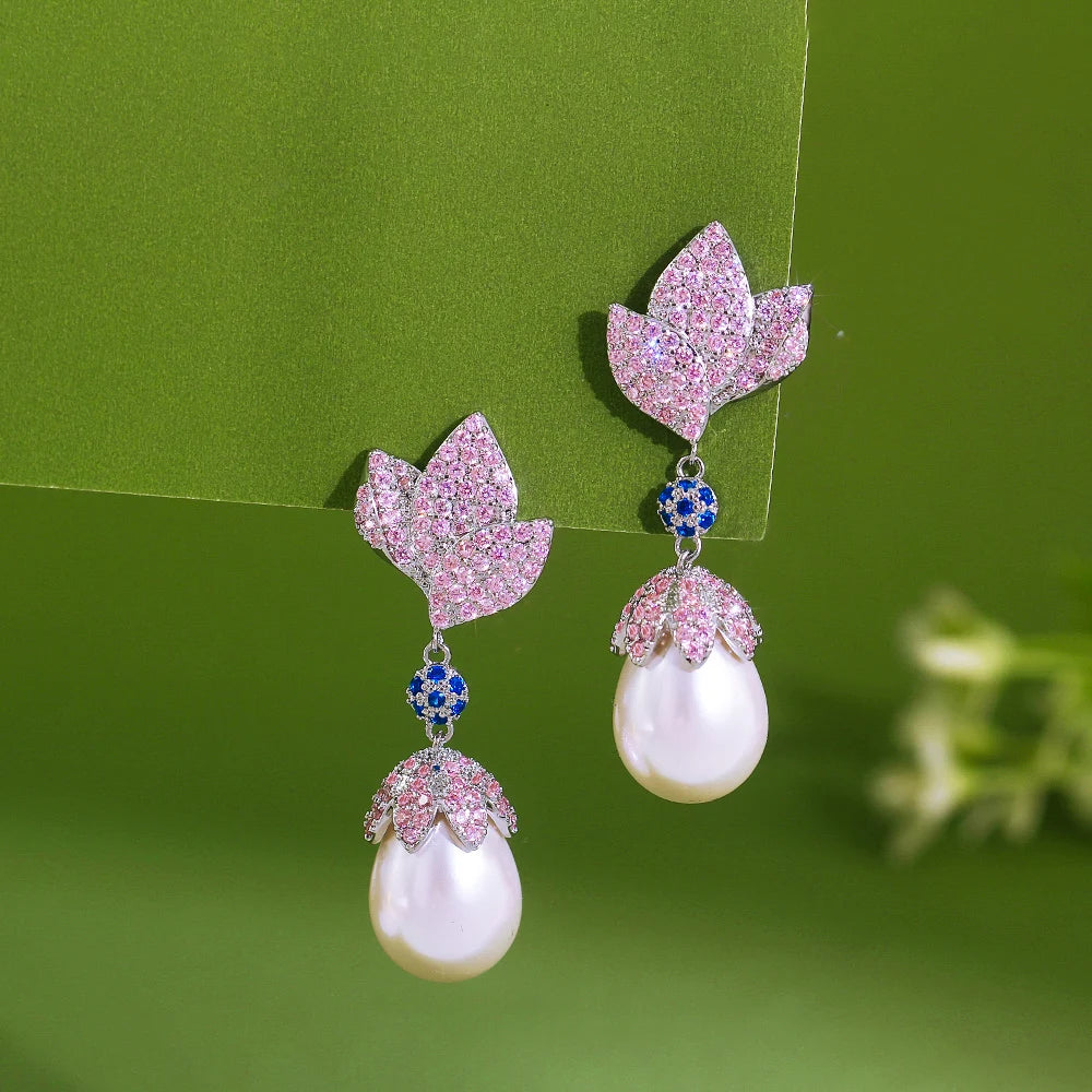 Shiny Pink Cubic Zirconia Flower Leaf Shape Long Dangle Drop Pearl Women Wedding Engagement Party Earrings - EUFASHIONBAGS