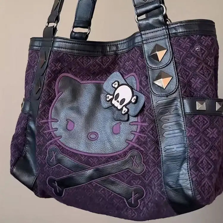 Sanrio Hello Kitty Vintage Patchwork Purple Bag Subculture Y2K Sweet Spicy Girl Handbag Gothic Trend Versatile Tote Bag - EUFASHIONBAGS