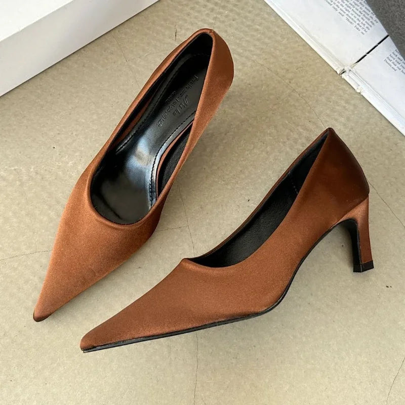 Silk Luxury High Heel Dress Shoes Women Shallow Pointed Toe Low Heel Office Shoes Comfy Footwear Women Zapatos De Mujer