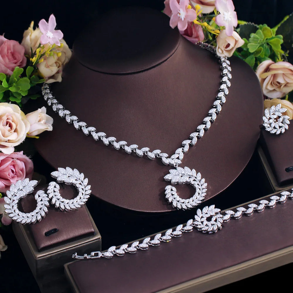 Design Olive Leaf Pretty White Cubic Zirconia Jewelry Sets for Women Wedding Banquet Bridal Party Wear - EUFASHIONBAGS