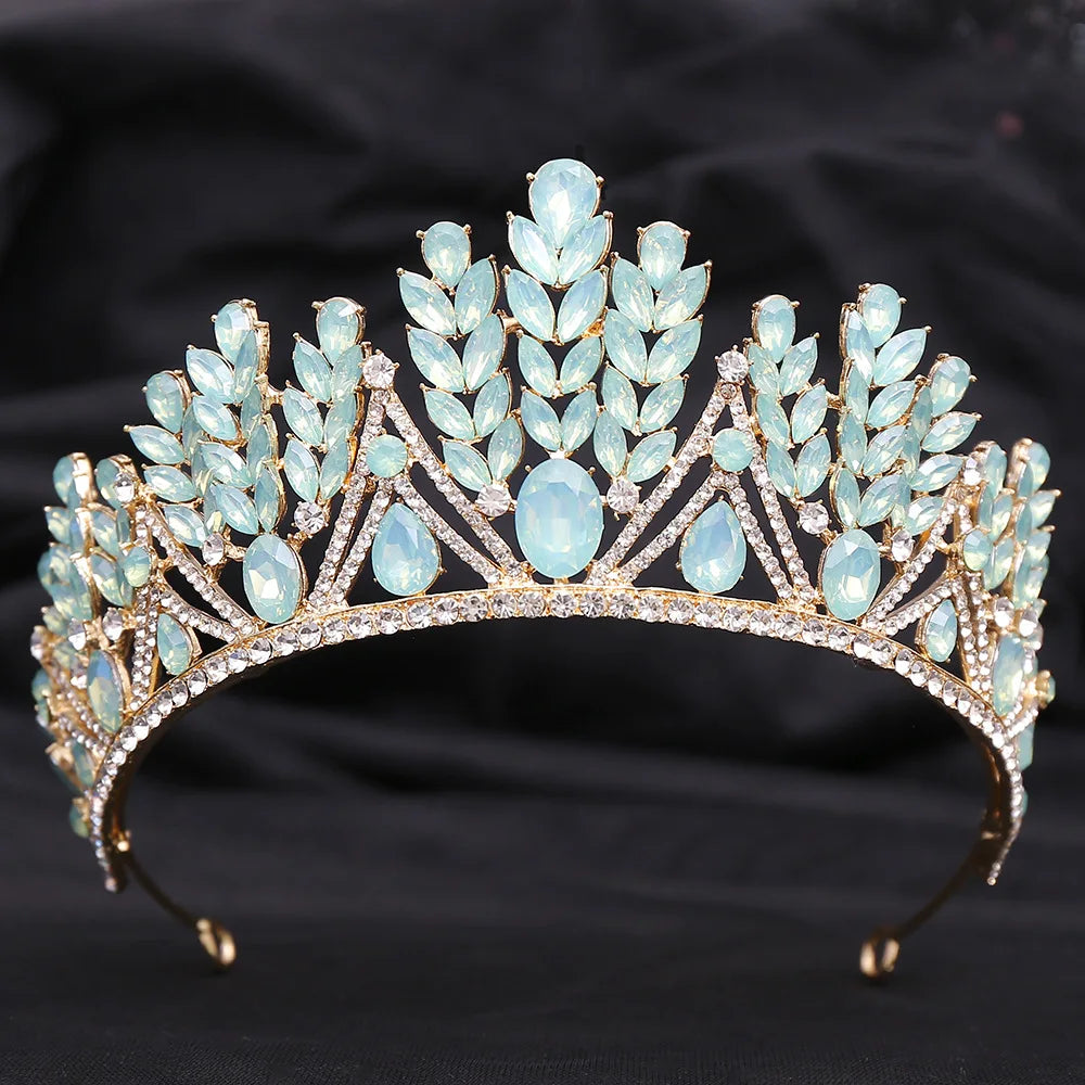 New Luxury Gold Color Green Opal Crystal Flower Water Drop Tiaras Crown Women Wedding Party Diadem Bridal Crown Hair Accessories - EUFASHIONBAGS