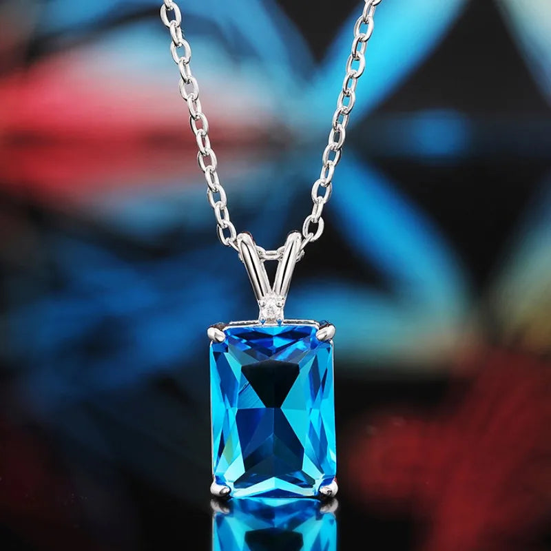 Rectangular Blue CZ Pendant Necklace for Women Wedding Party Silver Color Neck Accessories Trendy Jewelry