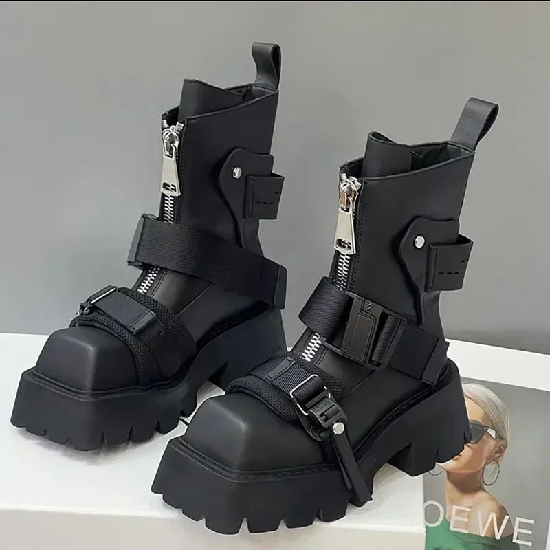 Brand Designer Platform Boots Women 2025 New Chunky Heel Short Boot Ladies Square Toe Fashion Belt Buckle Motorcycle Ankle Boots