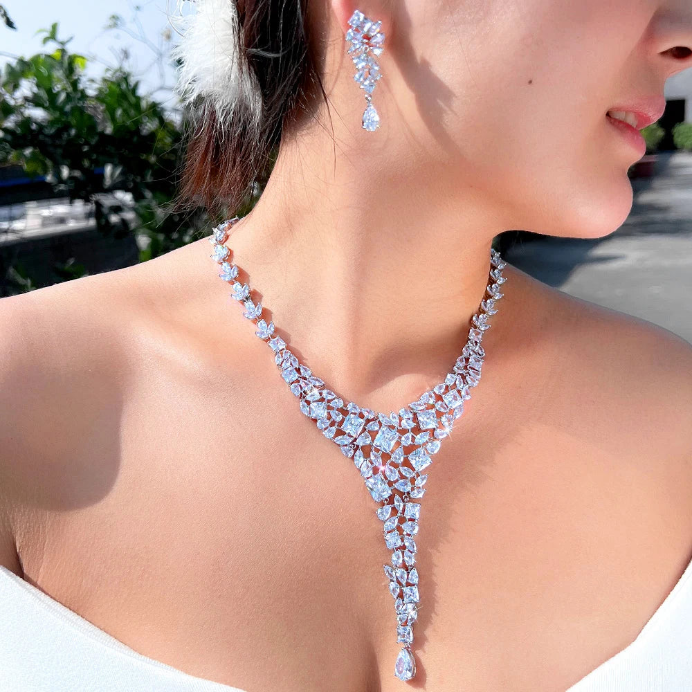 Chunky White Cubic Zirconia Luxury Statement Large Wedding Necklace Earrings Bridal Dress Jewelry Set for Women - EUFASHIONBAGS