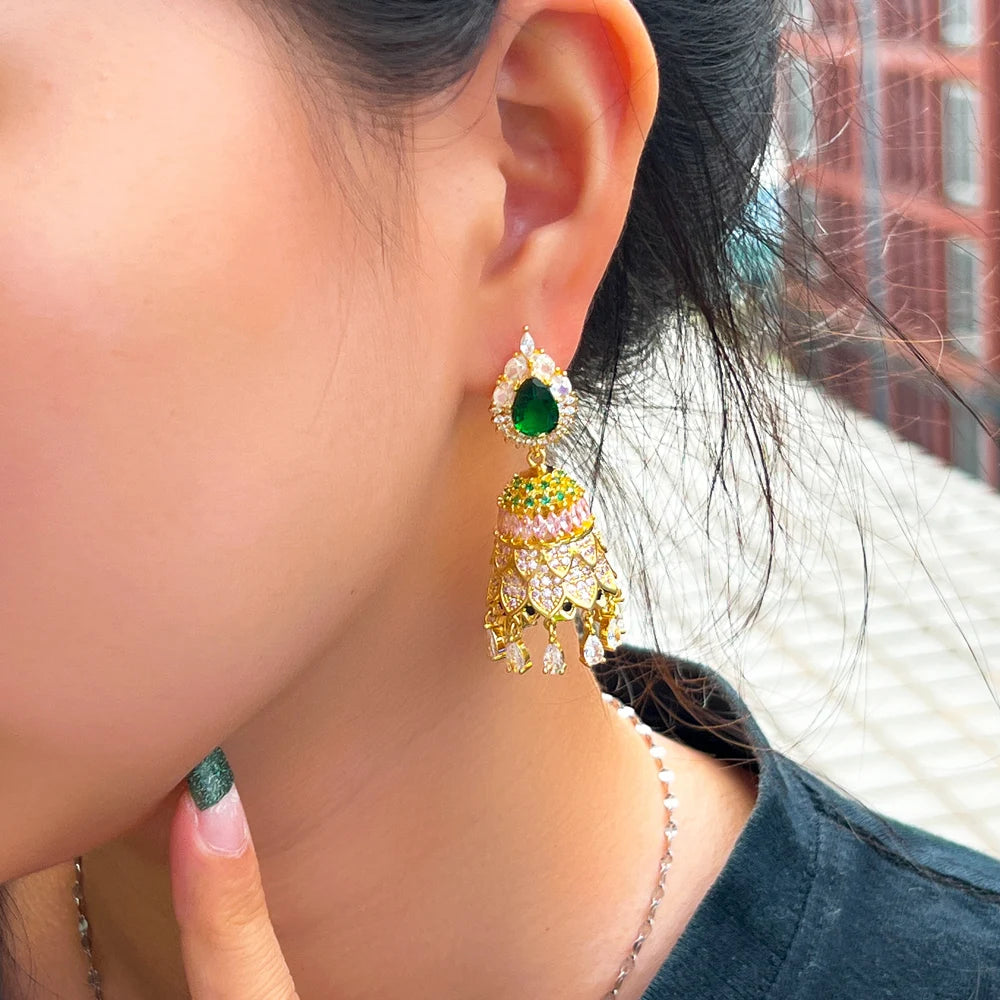 Top Shiny Royal Green Cubic Zirconia Paved Dangling Drop Fringed Earrings for Wedding Party Jhumka Jhumki Jewel - EUFASHIONBAGS