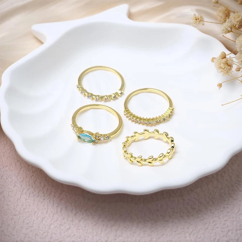 Gold Color 4Pcs Set of Rings for Women Bright Marquise Blue Zirconia Stone Finger Accessories for Engagement