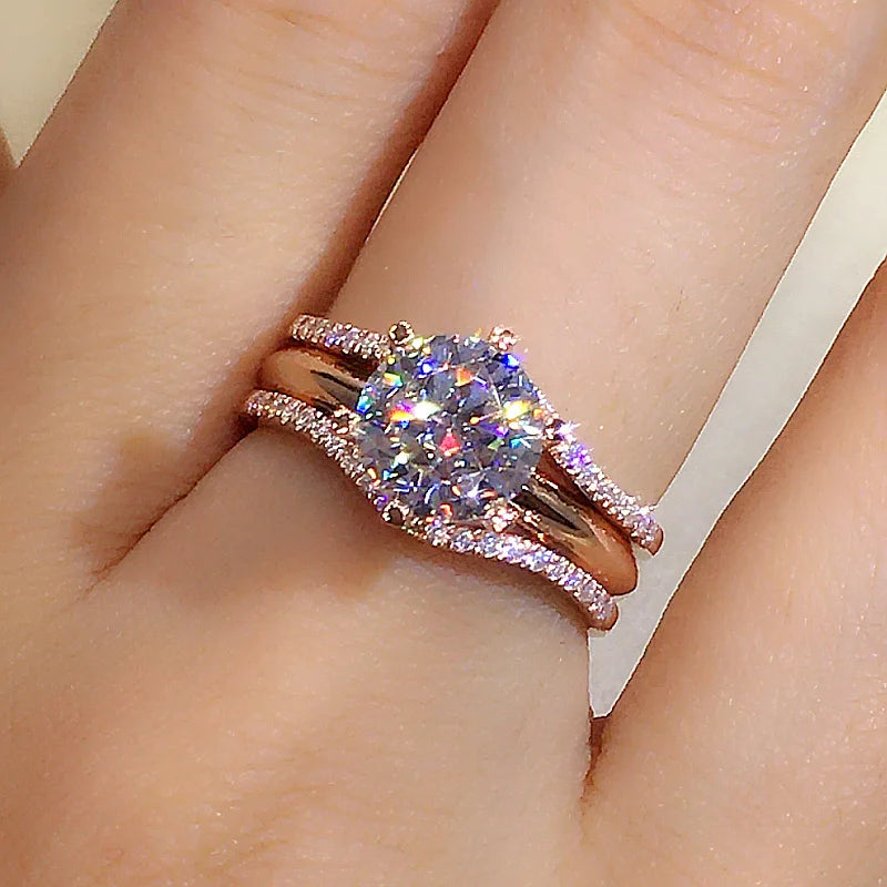 Unique Rose Gold Color Rings for Women Classic 6 Claws Designed Cubic Zirconia Rings Wedding Engagement Bands Hot Jewelry