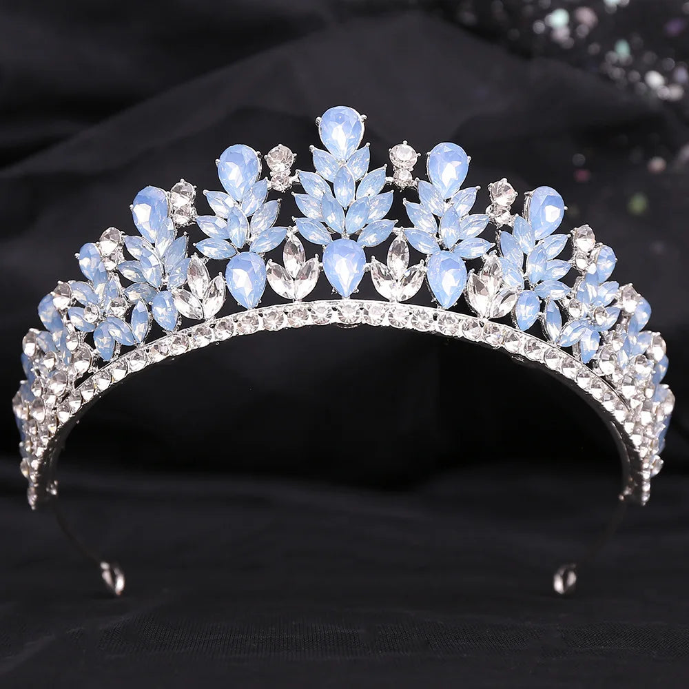 Silver Color Blue Opal Wedding Crown Princess Headdress Crystal Bridal Tiaras Rhinestone Diadem Wedding Hair Jewelry Accessories - EUFASHIONBAGS