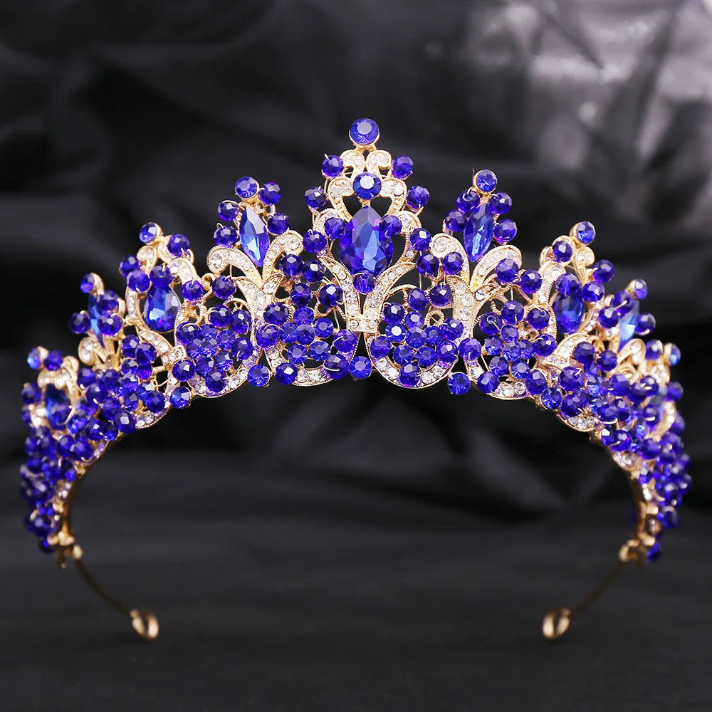 Baroque Gold Color Blue Diadem Rhinestone Crystal Tiaras Bride Headdress Princess Wedding Crown Pageant Hair Jewelry Accessories - EUFASHIONBAGS