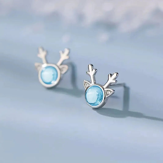 Dainty Christmas Stud Earrings Cute Girls Delicate Elk Accessories with Cubic Zirconia Blue Imitation Moonstone Jewelry