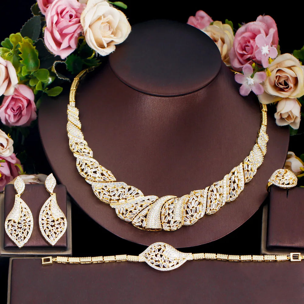 4pcs Luxury Chunky CZ Nigeria Gold Plated Dubai Necklace Jewelry Sets for Women Wedding Bridal Dress Accessories