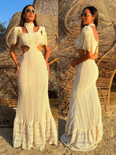 Laden Sie das Bild in den Galerie-Viewer, Sexy White Lace Women Dress Turtleneck Tassel Sleeve Slim Naked Waist Hollow Out Long Dress Summer Beach Female Knit Robe