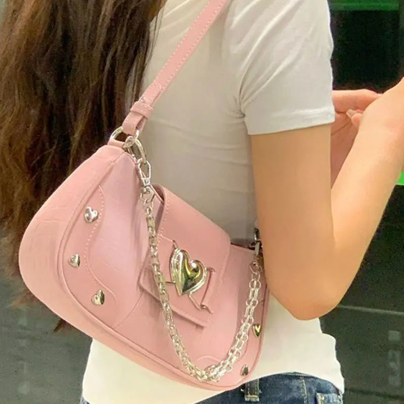 Fashion Women's Shoulder Bag 2024 New Hot Girls Crossbody Bags Pink PU Punk Style Rivet Women Chain Bag