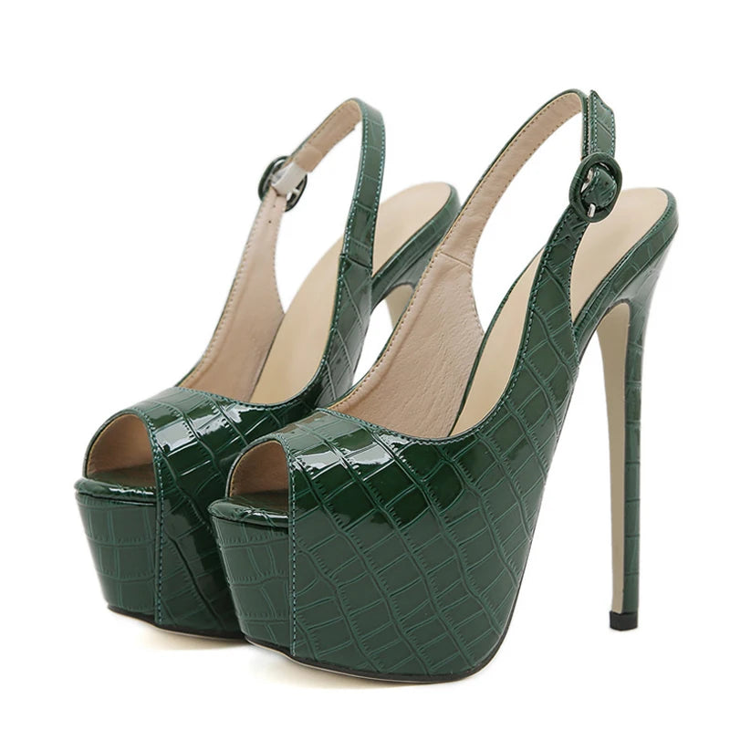 Green Snake Print Leather Platform Pumps Women Stiletto Sandals Sexy Peep Toe Extreme High Heels Party Culb Stripper Shoes - EUFASHIONBAGS