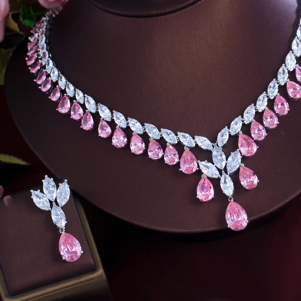 Super Shiny Pink Cubic Zirconia Big Tassel Water Drop Women Wedding Party Bridal Necklace Costume Jewelry Sets - EUFASHIONBAGS