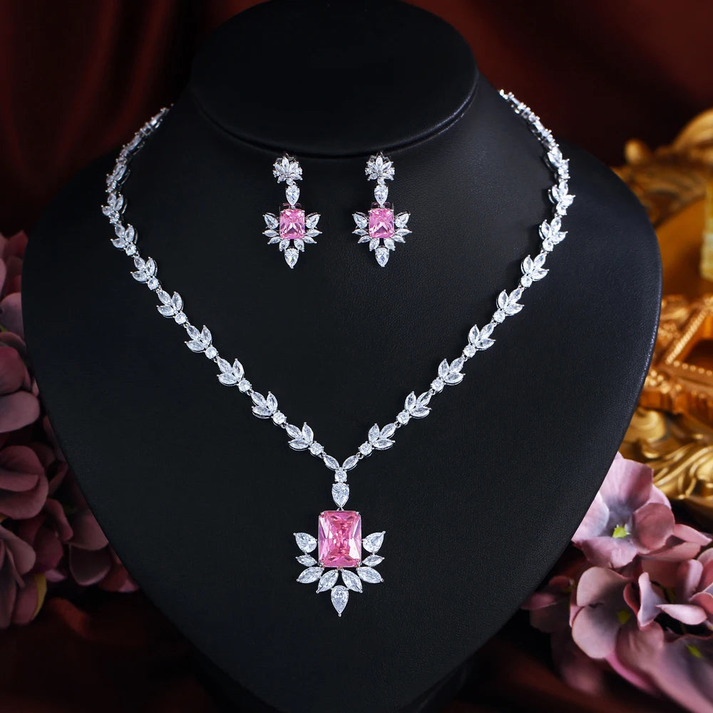 Glittering Pink Cubic Zirconia Leaf Flower Wedding Banquet Necklace Bridal Party Festival Jewelry Set for Brides - EUFASHIONBAGS