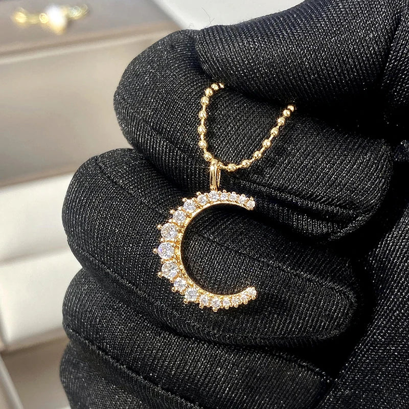 Shining Moon Pendant Necklace Lady Engagement Jewelry Fashion Luxury Gold Color Bright Zirconia Accessories for Wedding