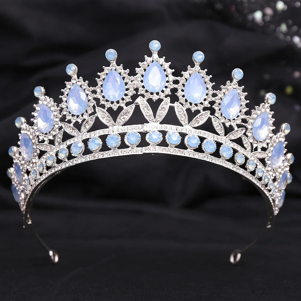 Silver Color Blue Opal Wedding Crown Princess Headdress Crystal Bridal Tiaras Rhinestone Diadem Wedding Hair Jewelry Accessories - EUFASHIONBAGS