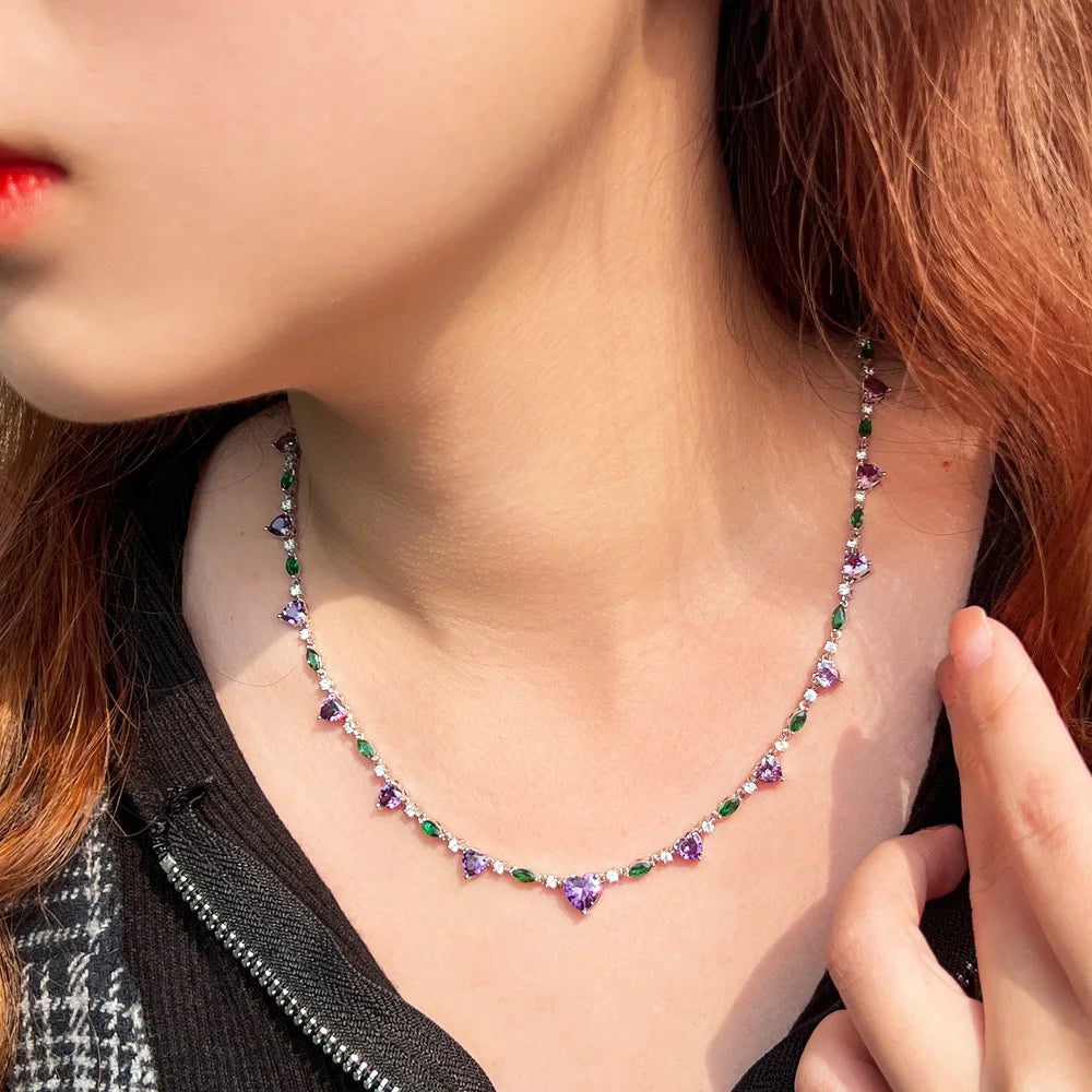 Heart Shape Purple Green Cubic Zirconia Choker Chain Link Tennis Necklace for Women Summer Party Jewelry Gift - EUFASHIONBAGS