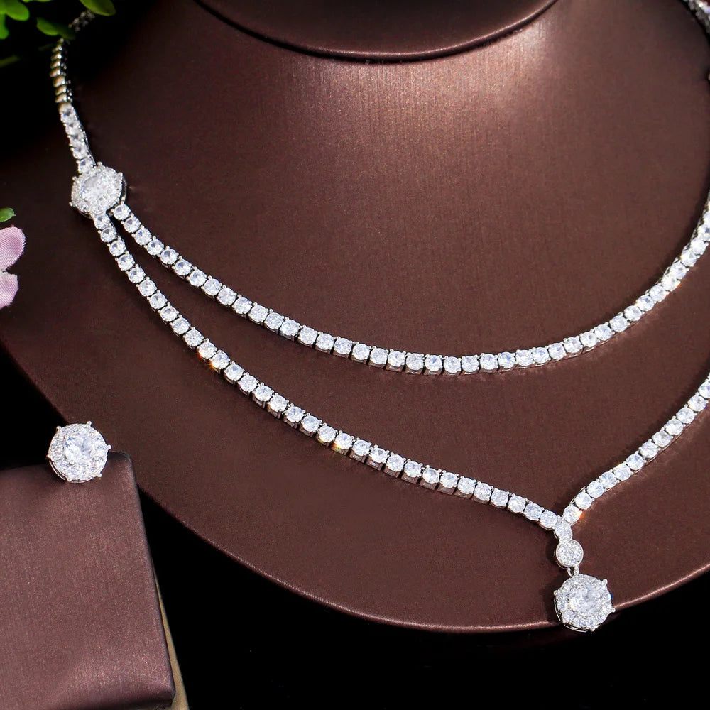 Chic Dangle Drop Round CZ 2 Layers Multiple Necklace Women Wedding Banquet Jewelry Sets Bridal Costume Accessory