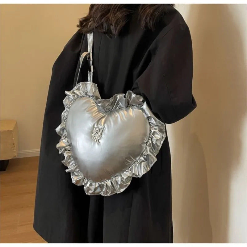 Sweet Cool Heart Silver Y2k Bag Women High Street Pu Leather Soft Chic Handbag Purse Retro Casual Bolso Mujer - EUFASHIONBAGS