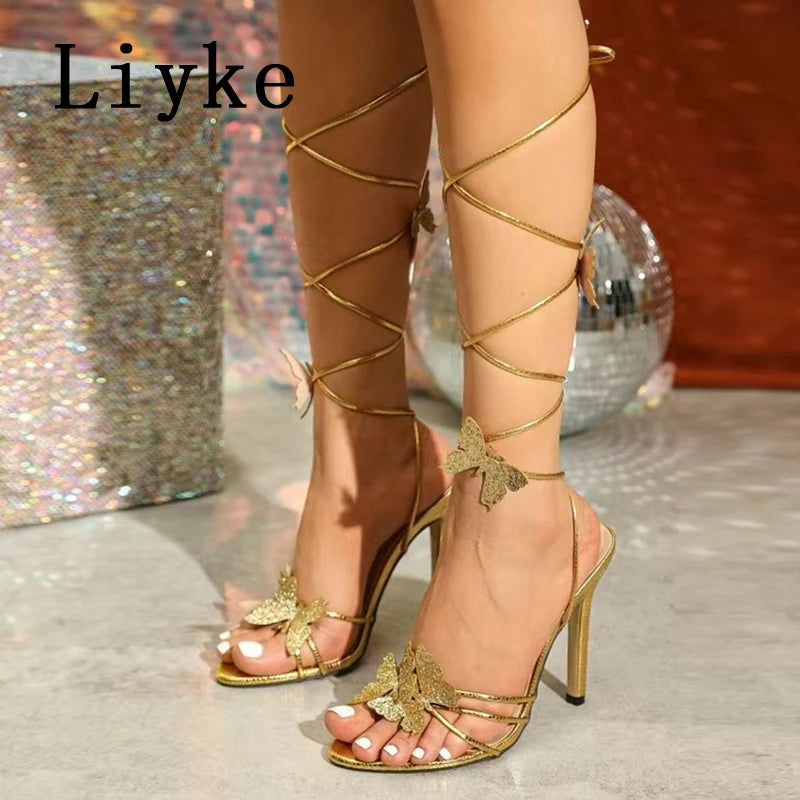 Sexy Knee High Cross Strap Woman Sandals Fashion Butterfly Open Toe Party Stripper Heels Women Shoes Sandalias De Mujer