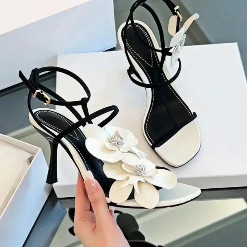 Flower Designer Heels Sandals Women Open Toe Narrow Band Slingback Shoes Ankle Strap Elegant Party Wedding Shoe Zapatos De Mujer