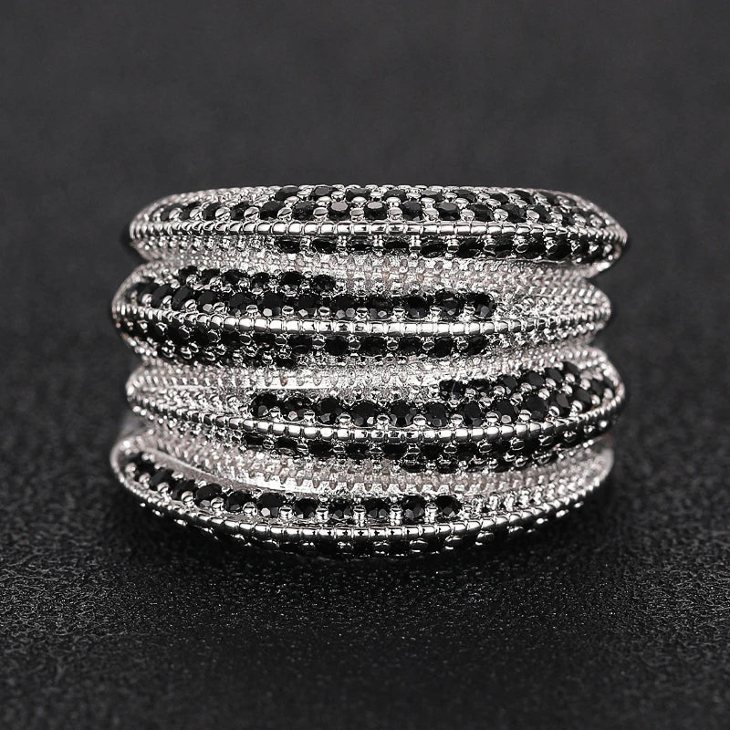 Stylish Lady Wide Ring with Black Crystal Stone Trendy Party Silver Color Finger Accessories for Women Statement Jewelry - EUFASHIONBAGS