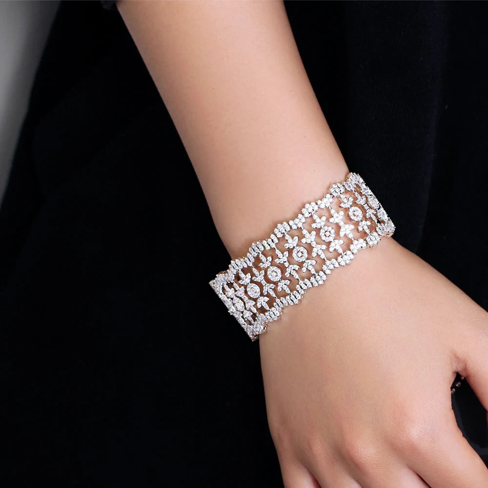 Micro Pave Full Cubic Zirconia Stones Wide Big Leaf Bracelets Bangles for Women Luxury CZ Bridal Jewelry Gift - EUFASHIONBAGS