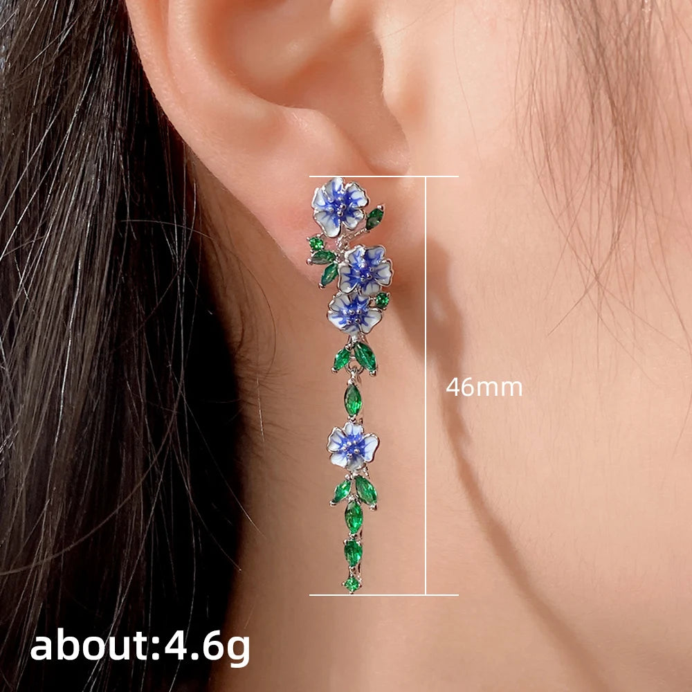 Aesthetic Blue Trumpet Flower Long Hanging Earrings for Women Unique Bridal Wedding Earrings Dance Party Trendy Jewelry