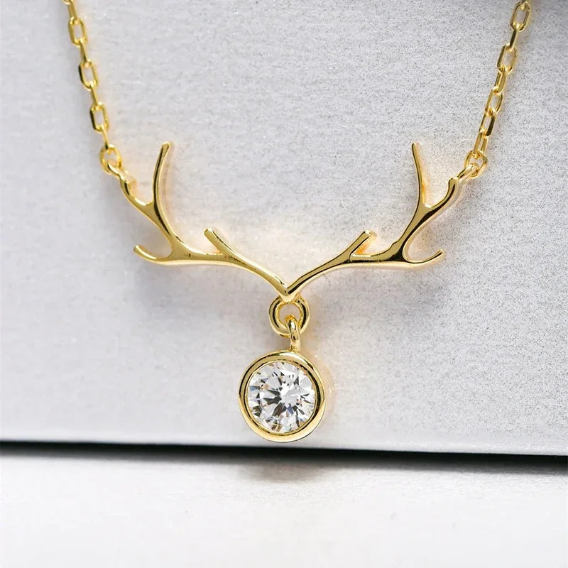 Elk Antler Pendant Necklace Women for Christmas New Year Luxury Trendy Cubic Zirconia Necklace Fashion Jewelry - EUFASHIONBAGS